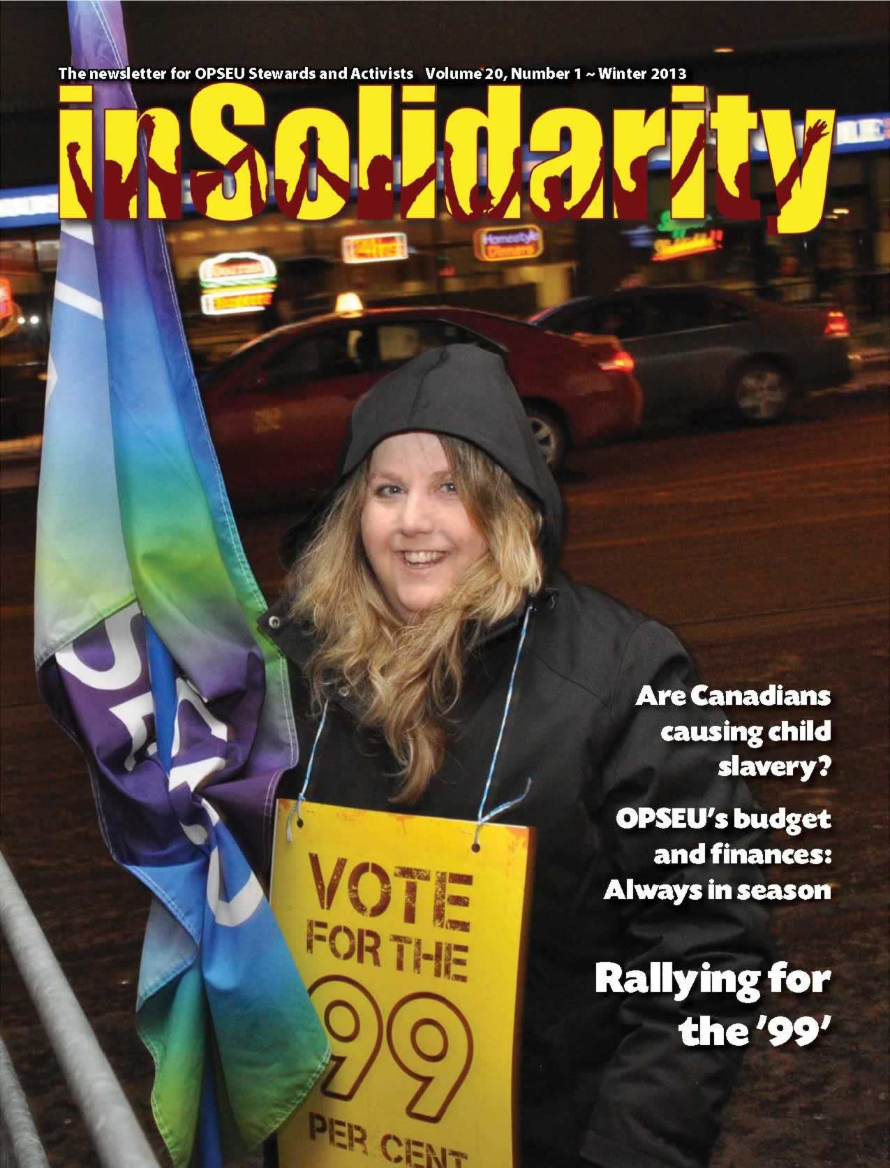 In Solidarity, winter 2013 cover. OPSEU member holding a flag