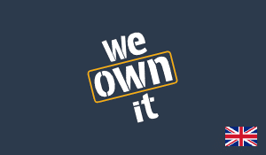 The logo for We Own It UK featuring a Union Jack on a slate-blue background
