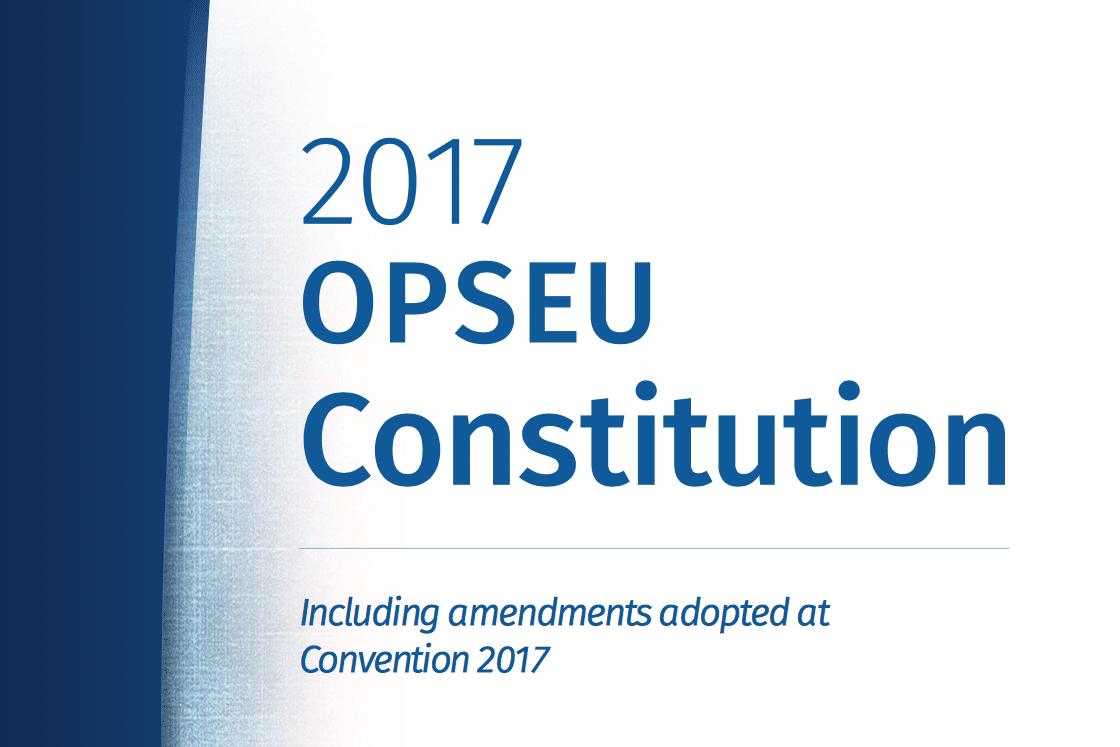 Blue-and-white cover that says: "2017 OPSEU Constitution including amendments adopted at Convention 2017"
