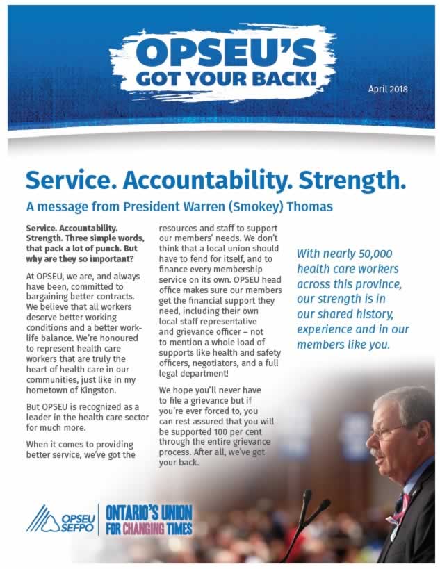 Cover page of OPSEU's got your back newsletter. Message from Smokey Thomas