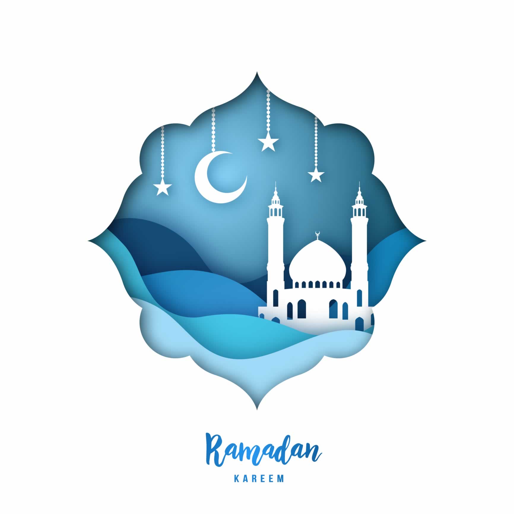 Illustration of a mosque under a night sky with the text: "Ramadan kareem"