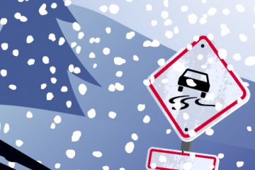 Illustration of car driving in snowy conditions with slippery road warning sign.