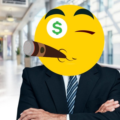 Businessman's face covered with emoji with money eyes and smoking cigar