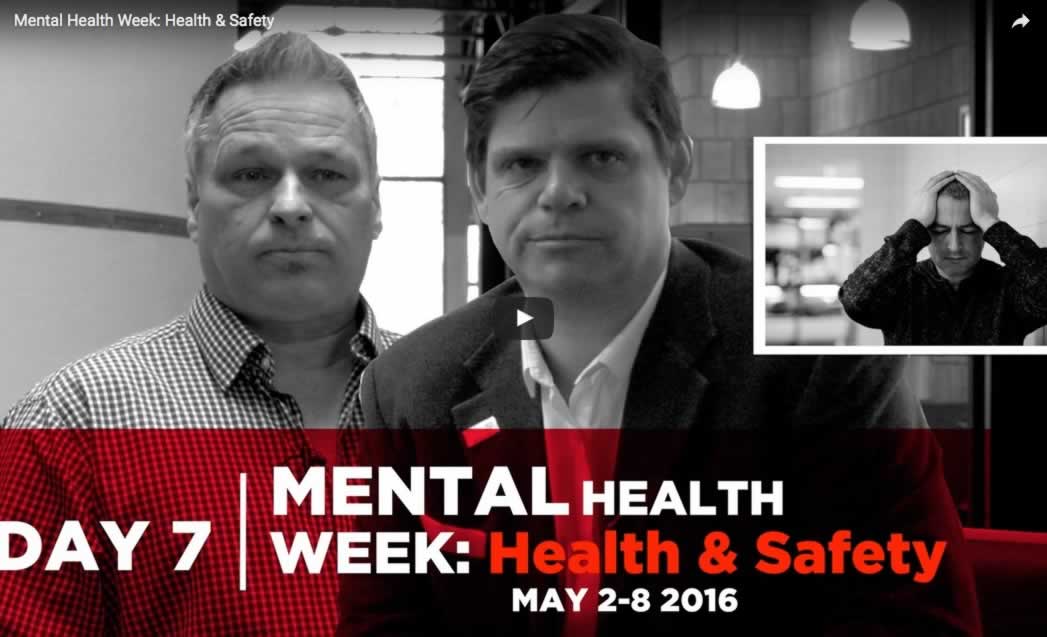 Collage of OPSEU members and a man holding his head along with the caption: "Mental Health Week: Health & Safety"