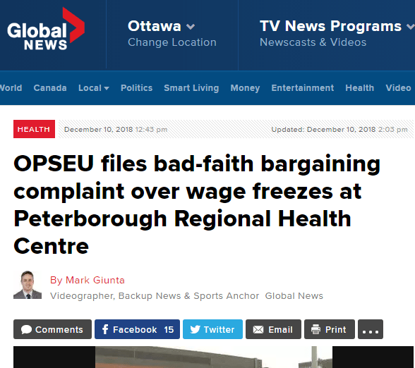 Global news headline: OPSEU files bad-faith bargaining complaint over wage freezes at Peterborough Regional Health Centre