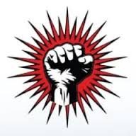 PYC Logo, fist raised against a red backdrop