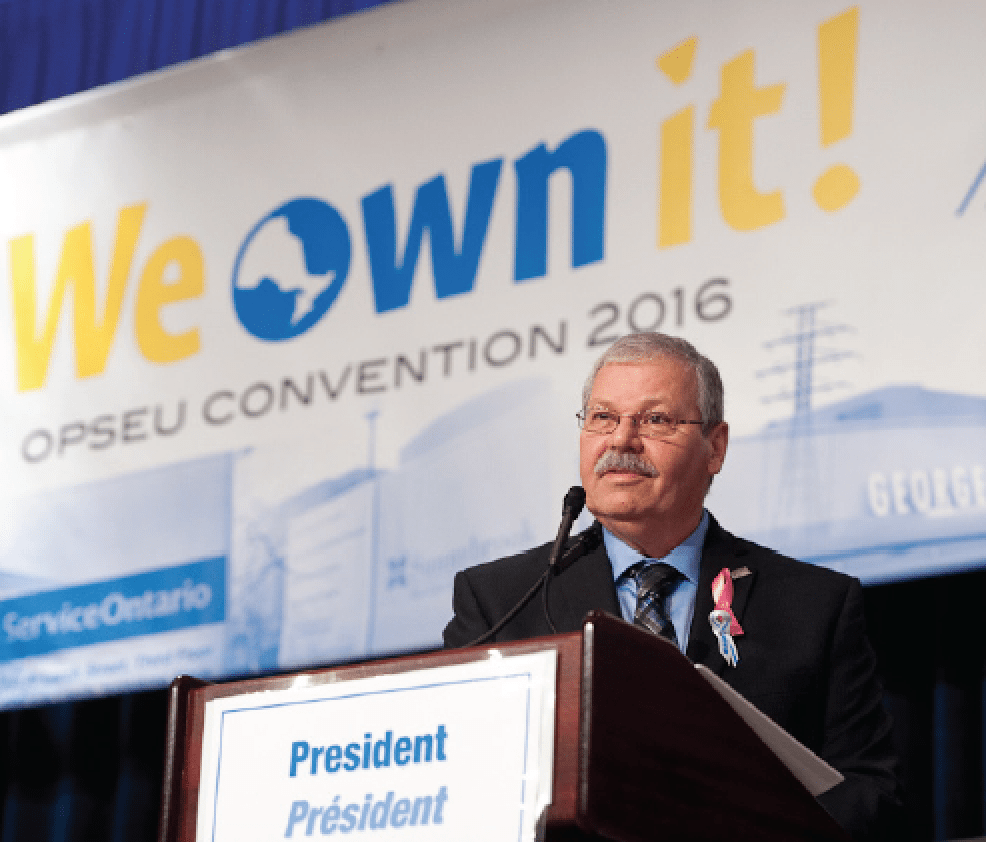 OPSEU President Warren (Smokey) Thomas at the podium during Convention 2016