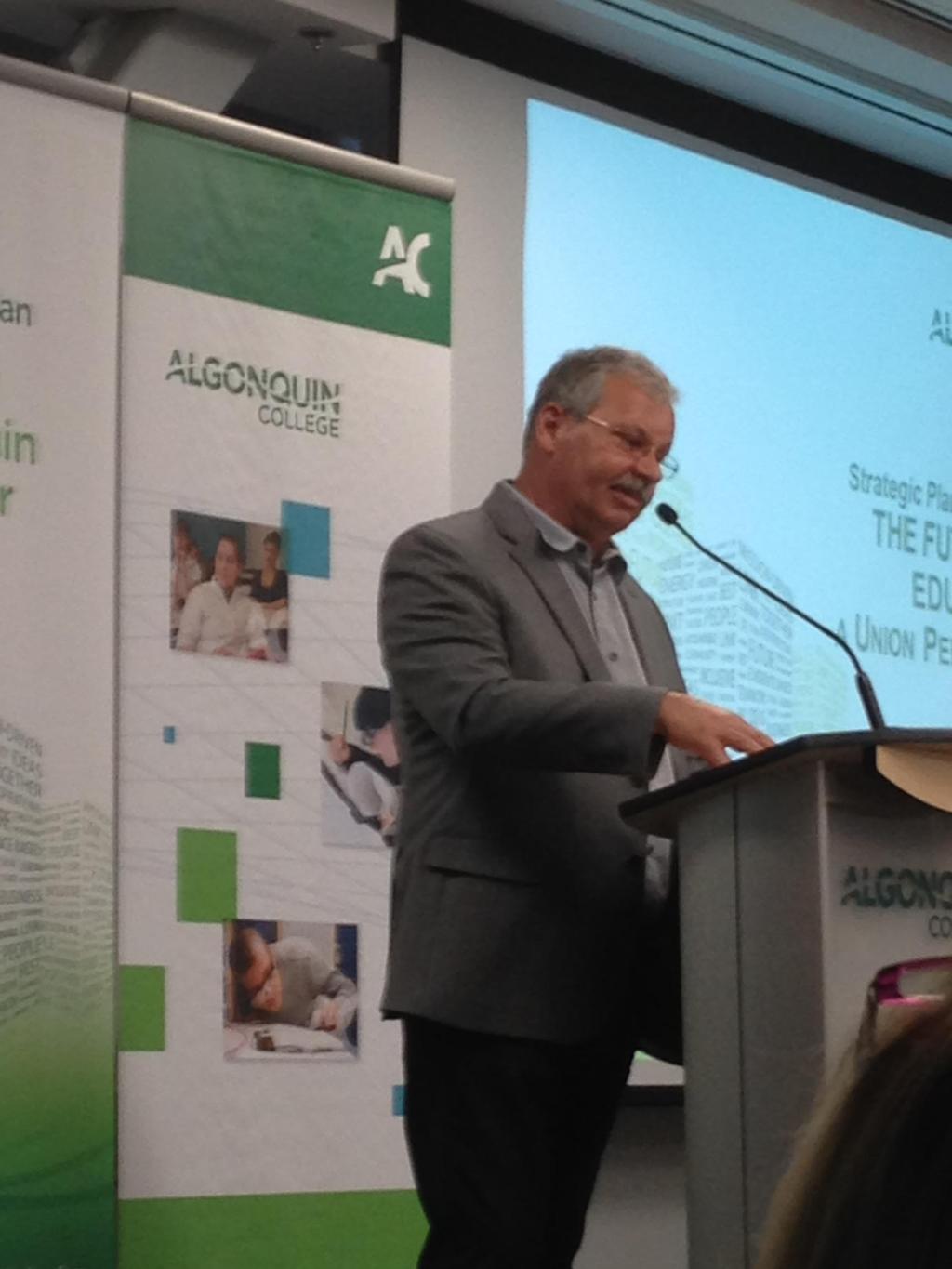 OPSEU President Warren (Smokey) Thomas gives a presentation on the future of education to Algonquin College, May 21.