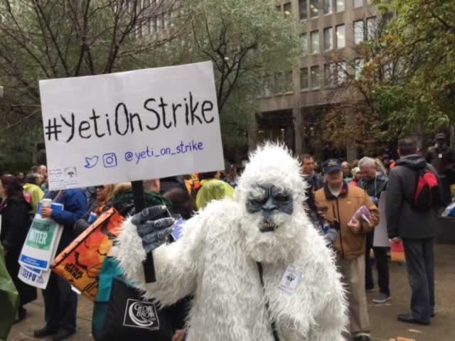Person wearing yeti suit during OPSEU college strike at Queen’s Park, November 2