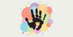 Hand print on a dozen-plus circles of different sizes and colours