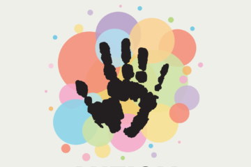 Hand print on a dozen-plus circles of different sizes and colours