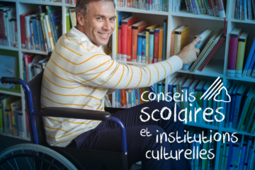 conseils scolaires et instituions culturelles. Man in wheelchair, accessing book in library.