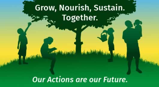 Grow, Nourish, Sustain. Together. Our actions are our future. Illustration of people in greenery.