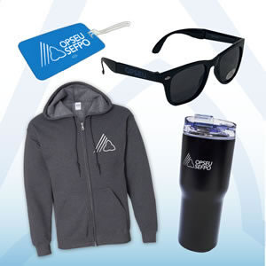 shOPSEU products: includes sweater, travel mug, sunglasses and luggage tag