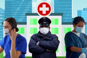 Three health care support workers wearing masks