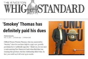 Kingston Whig-Standard headline: "'Smokey' Thomas has definitely paid his dues'