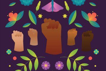 Collage of illustrated flowers, shapes, and five raised fists of different skin colour